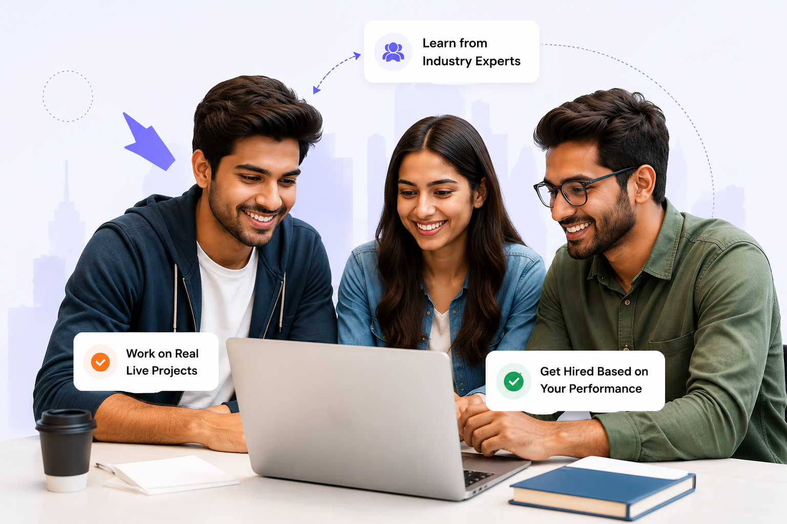 Students learning together on laptop — Learn from Industry Experts, Work on Real Live Projects, Get Hired Based on Your Performance